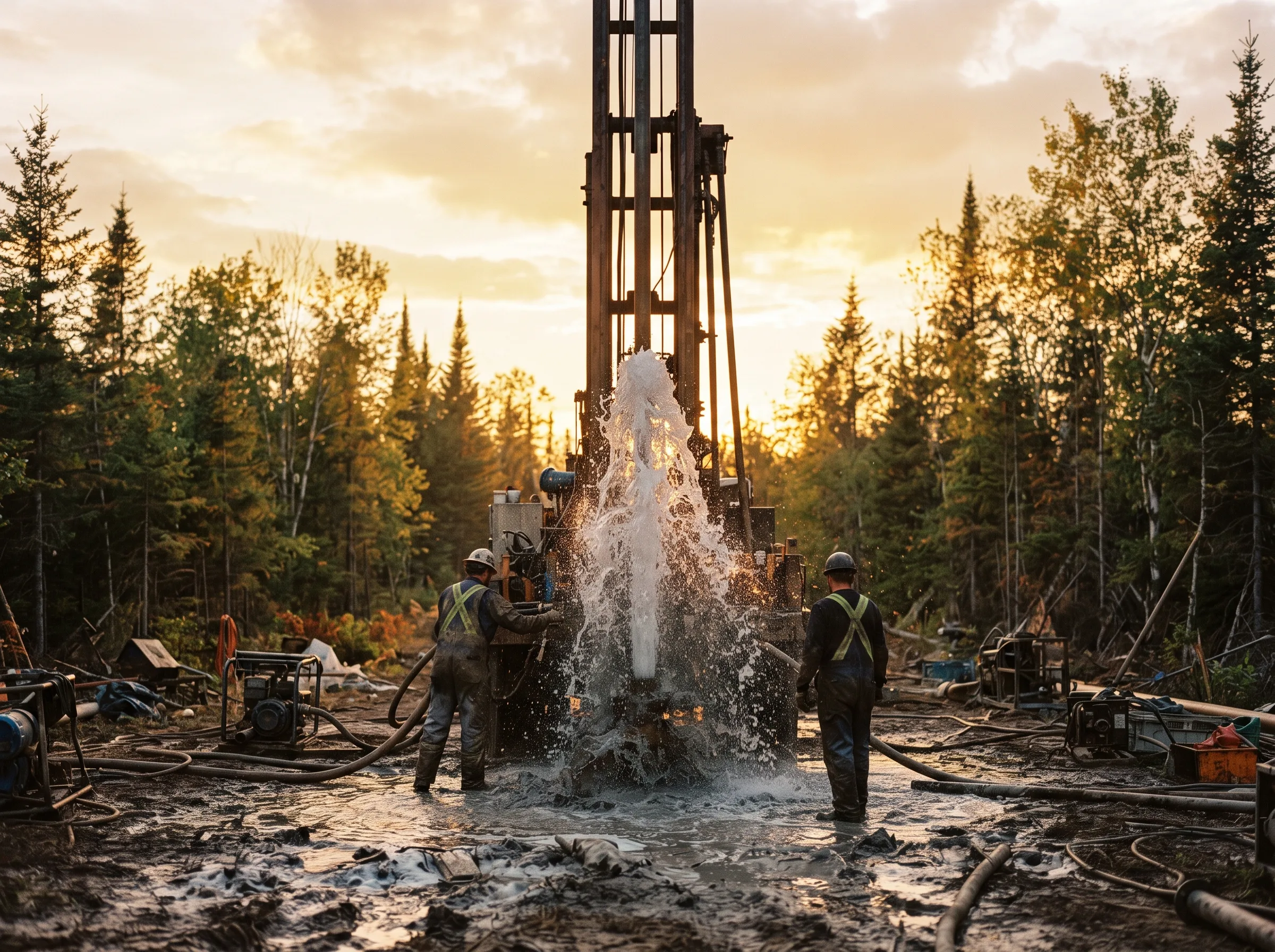 Foreuse artésienne en action, eau claire jaillissant du puits à l'heure dorée en forêt québécoise